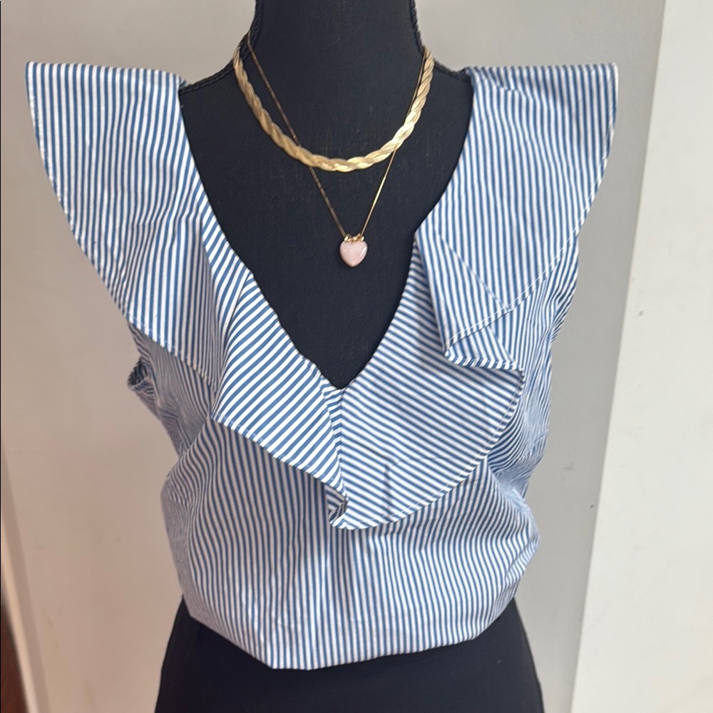 J. Crew Blue and White Ruffled Bib Collar Blouse